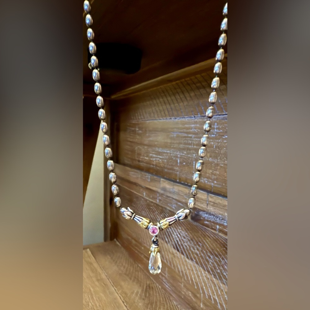 RARE!! Vintage LAGOS Caviar Toggle Necklace with Pink Sapphire Stone and Crystal - Picture 5 of 10